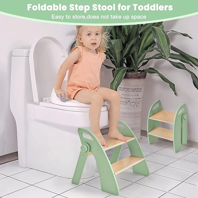 Wooden Step Stool, 300 lb. Load Capacity, with Safety Non-Slip Pads and Handles, Bamboo Step Stool for Bathroom and Kitchen, Gift for Christmas (Green)
