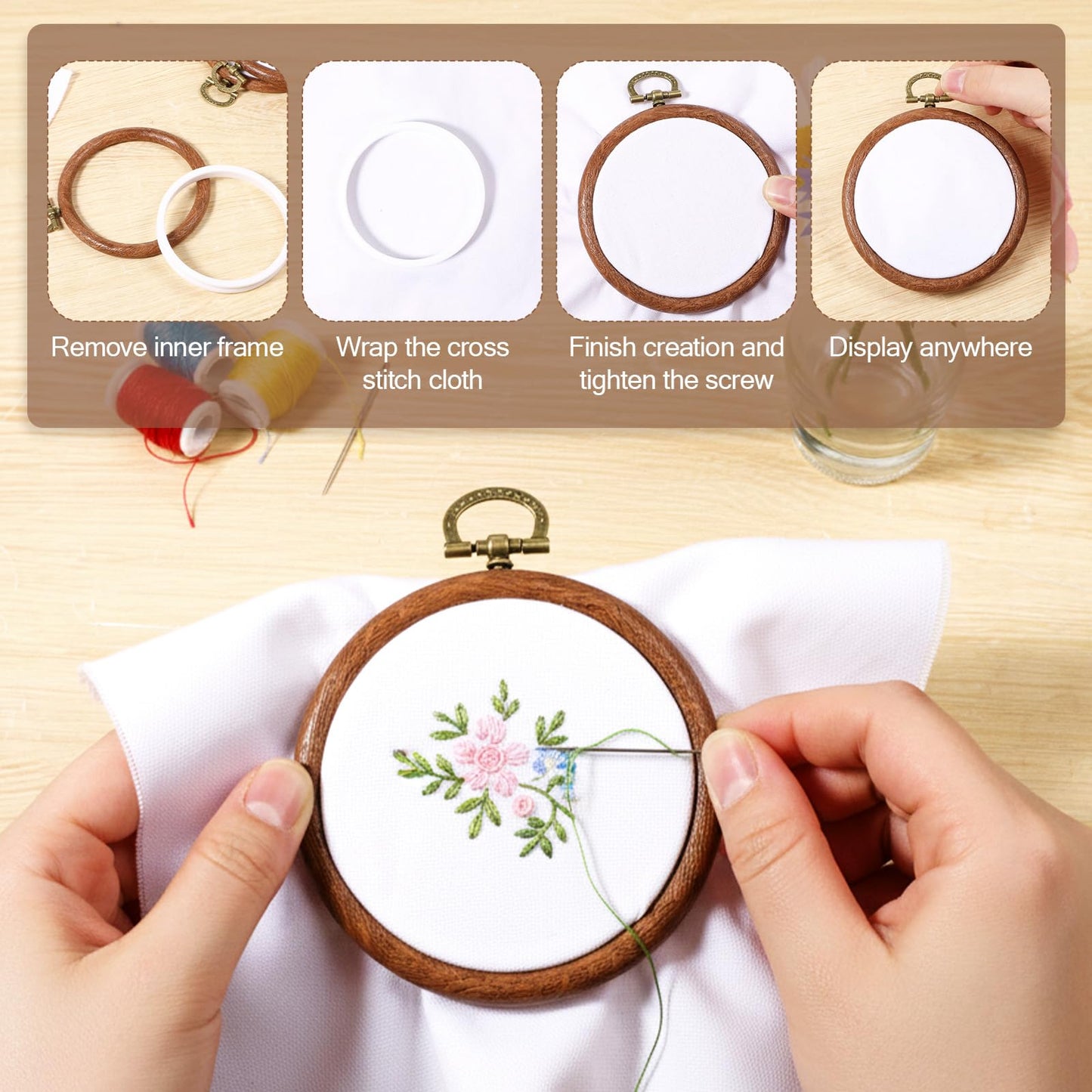 IMengjbang 30 Pcs 3 Inch Mini Embroidery Hoops Bulk, Circle Rubber Hoops Ring Display Cross Stitch Ornament Imitated Wood Frame Kits for DIY Hanging Gifts Christmas Fall Farmhouse Ornaments Decoration