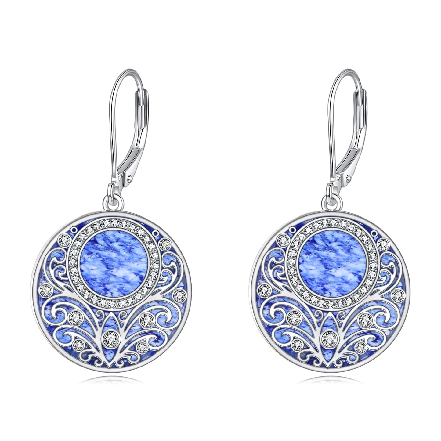 Blue Natural Stone Leverback Dangle Earrings Sterling Silver Filigree Endless Circle Drop Earrings Jewelry Gifts For Women