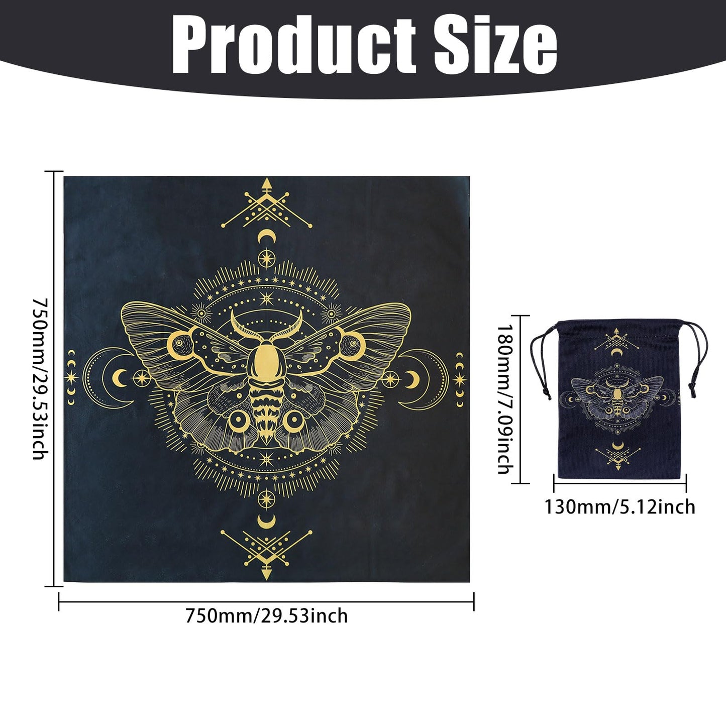GLOBLELAND 30" Golden Moth Divination Tarot Cloth and Cards Bag Insect Moons Thick Velvet Fabric Tablecloth Mat with Classic Tarot Card Storage Pouch for Wiccan Room Beginner
