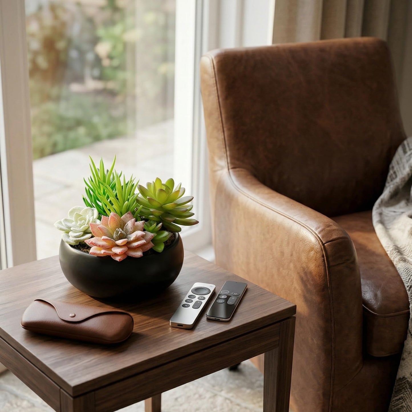 MyGift Mini Artificial Succulent in Pot, Fake Plant Arrangement in Black Ceramic Planter Bowl