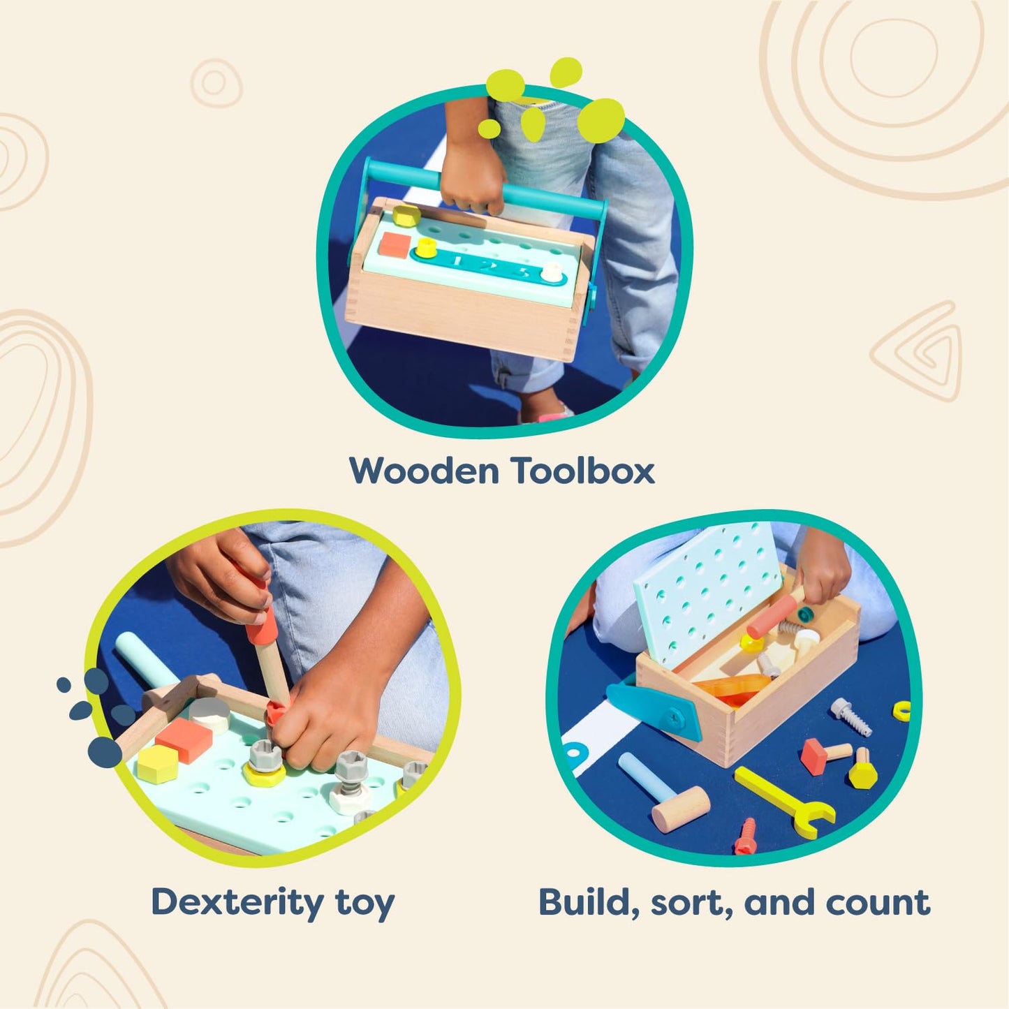 B. toys – Fix ‘n’ Play Kit – Pretend Play Tool Box – Wooden Toolbox & Accessories (25 Pieces) – Carpenter Set for Kids – Play Set with Drill, Hammer, Screwdriver & More – 3+ Years