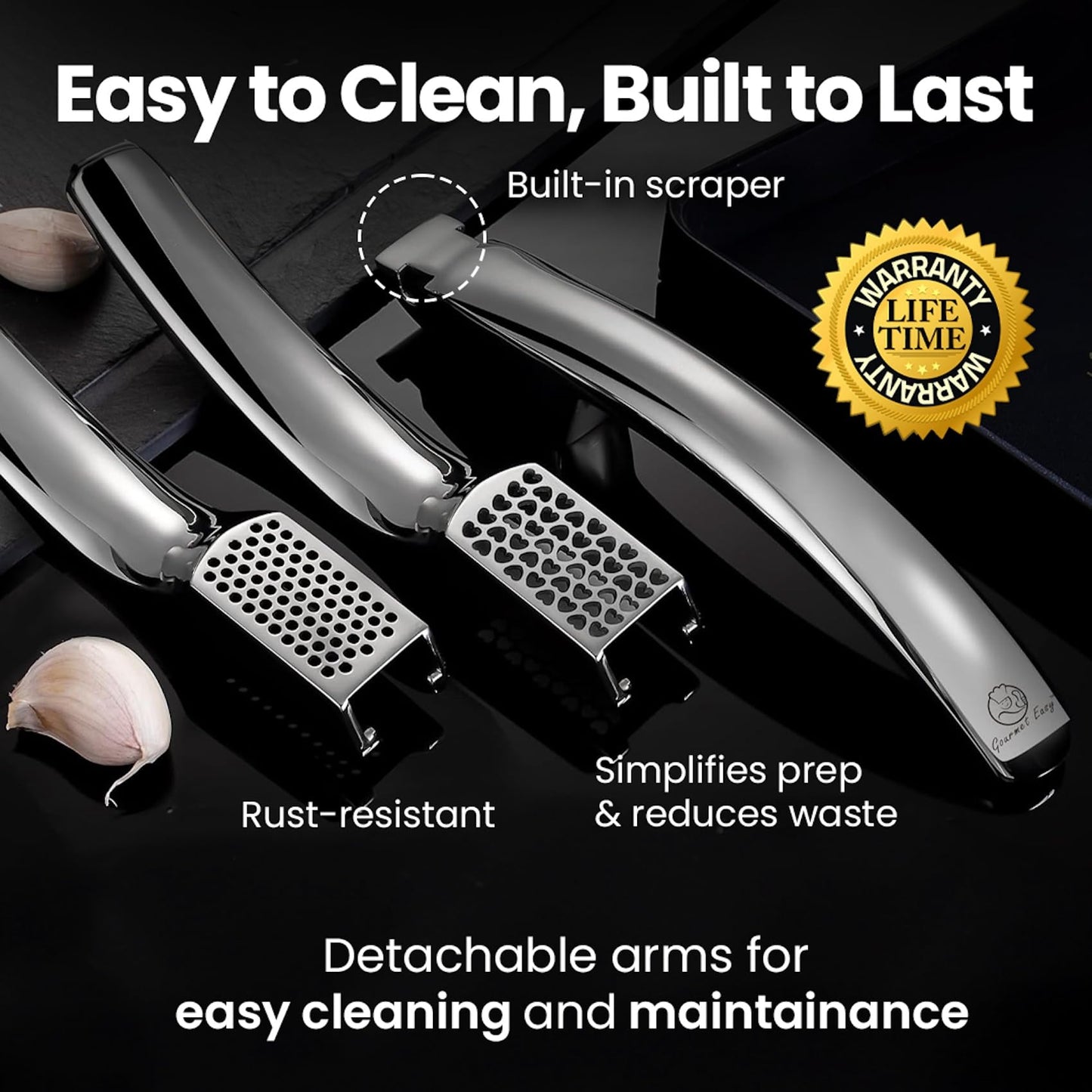 No Peeling Required Garlic Press Stainless Steel with Two Detachable Handles for Coarse & Fine Mincing-Premium Garlic Mincer Tool, Easy to Clean, Dishwasher Safe Garlic Crusher, Lifetime Replacement