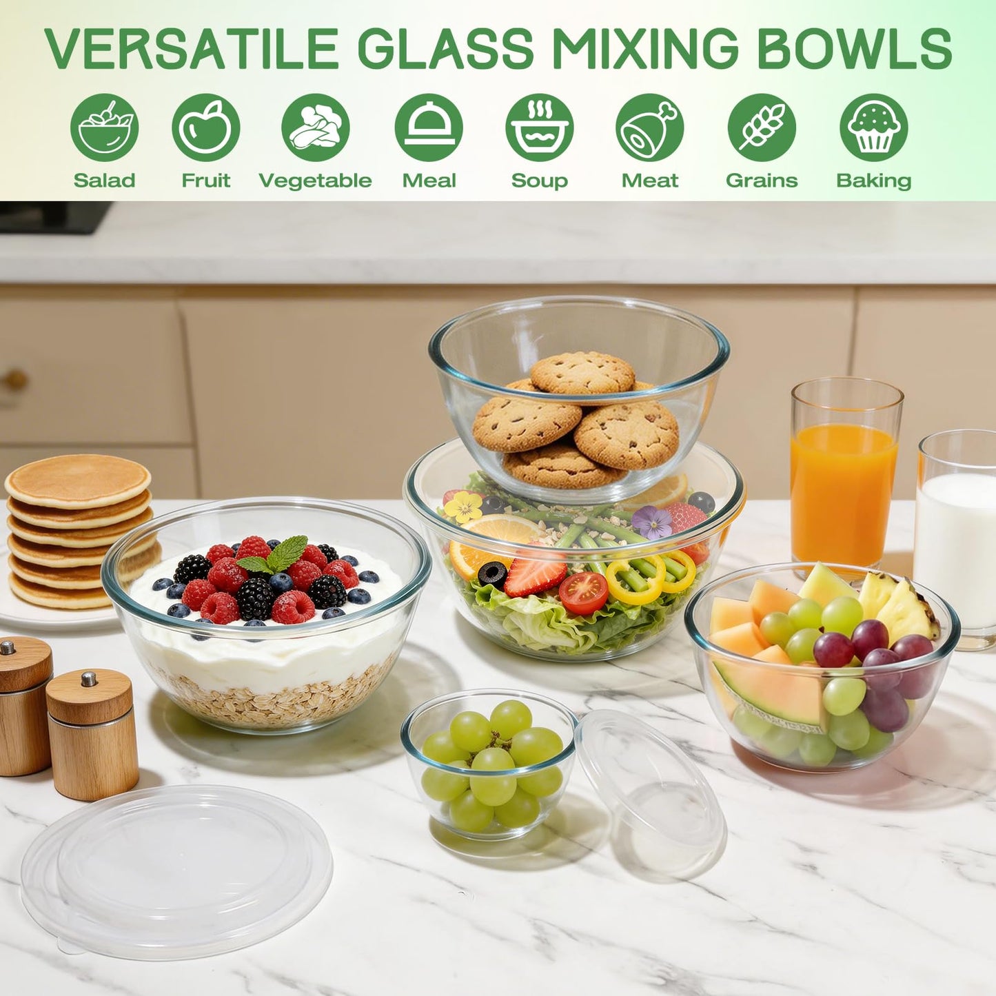 Glass Mixing Bowls with Lids Set(4.7QT, 2.9QT, 2.2QT, 1.1QT, 0.53QT), 5 Packs Thick Glass Bowls Set, Large Nesting Bowls for Kitchen Baking, Prepping, Cooking, Dishwasher, Oven, Microwave Safe