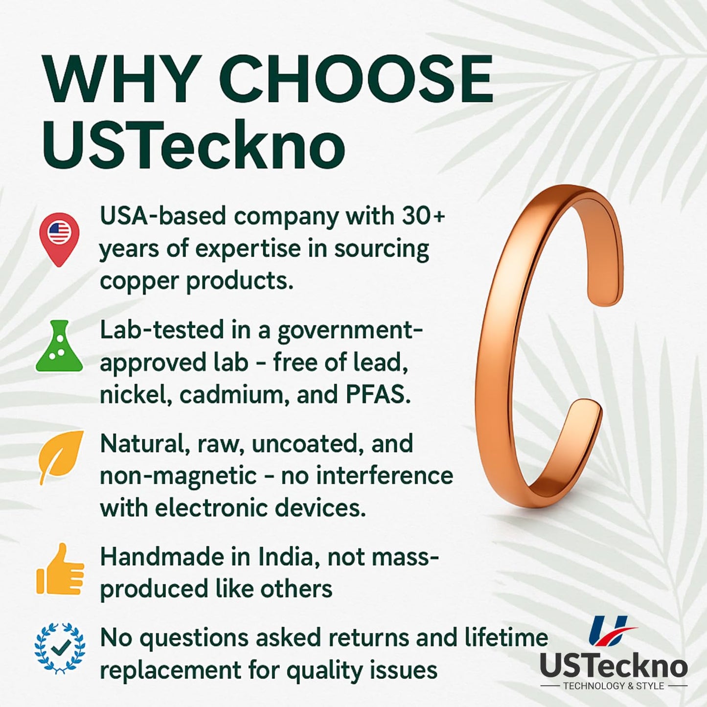 USTeckno Hand Forged 100% Pure Copper Bracelet. Made with Solid High Gauge Copper and Health benefits. Enhance your well-being in style