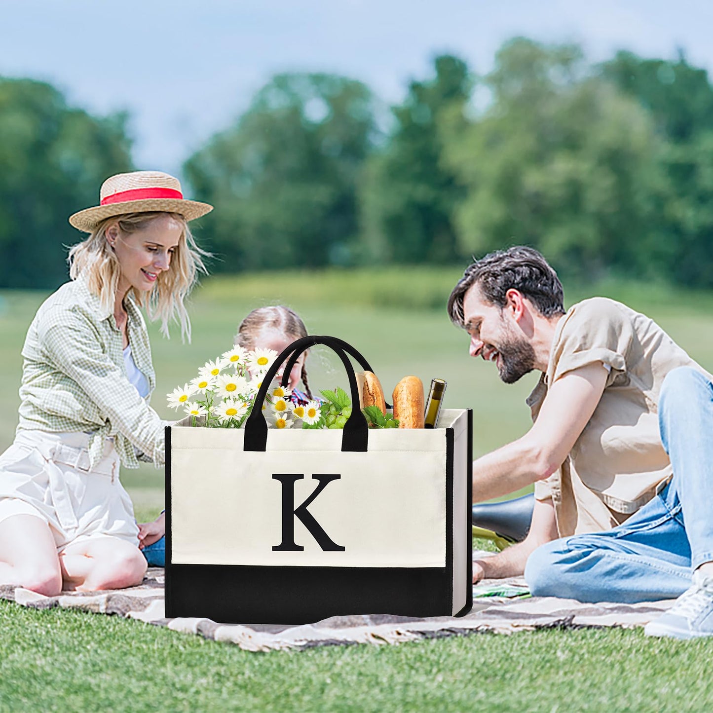 GASSDA Initial Canvas Tote Bag, Birthday Gifts For Women, Monogram Personalized Gifts For Women Mom Teachers Bridesmaids (K 3PCS)