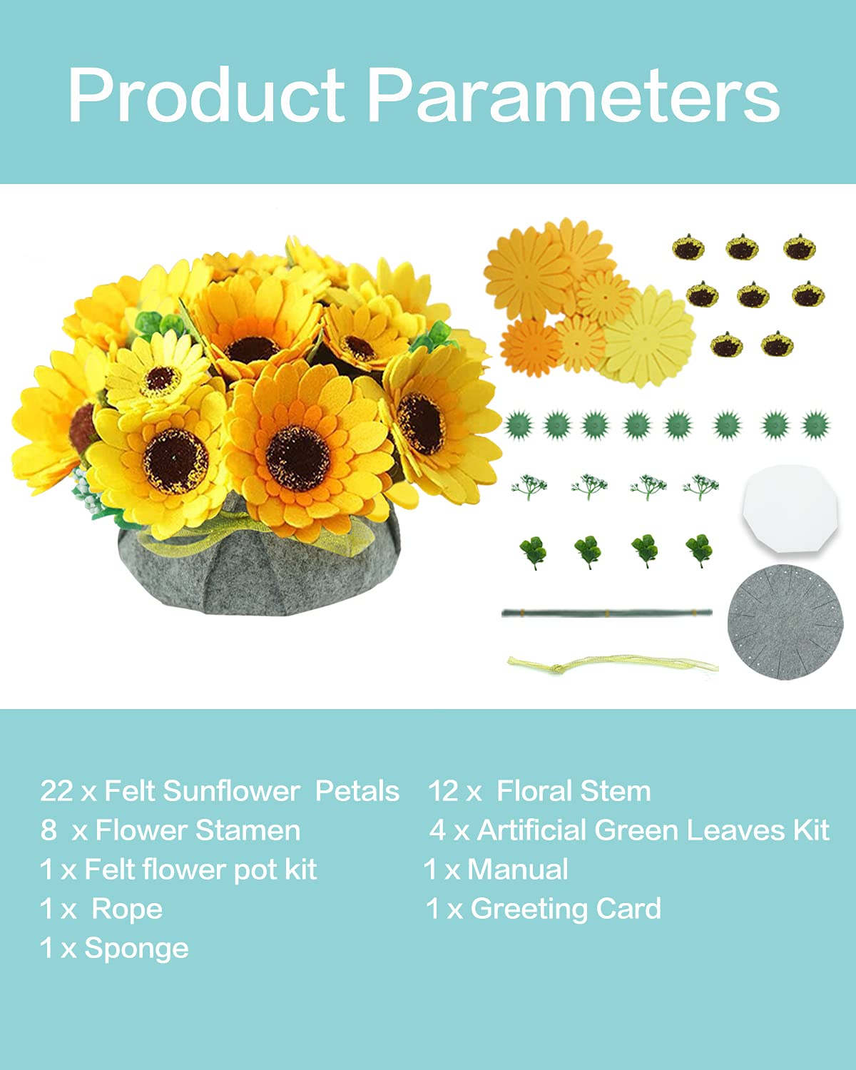 BAZIMA DIY Felt Flower Art Craft Kit, DIY Sunflower Pot Bonsai Kit, Floral Gifts, Beginner Craft Kit, Arrange Pre-Cut Flowers and Foliage