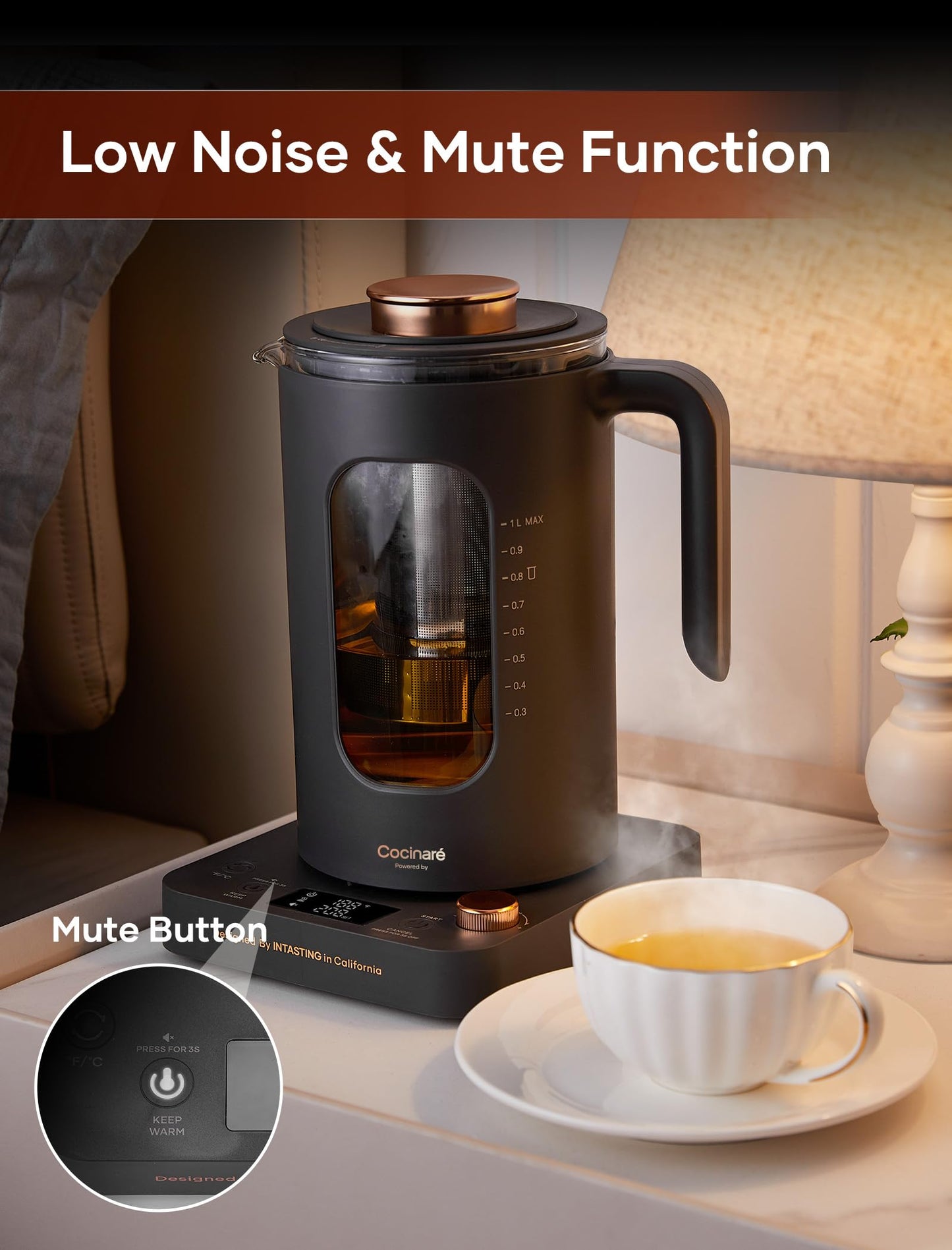 Electric Tea Kettle, INTASTING Glass Electric Kettle with tea Infuser and Precise knob temperature control, 1200W Fast Heating, BPA-Free, Easy to Clean, 1 Liter (Dark Gray)