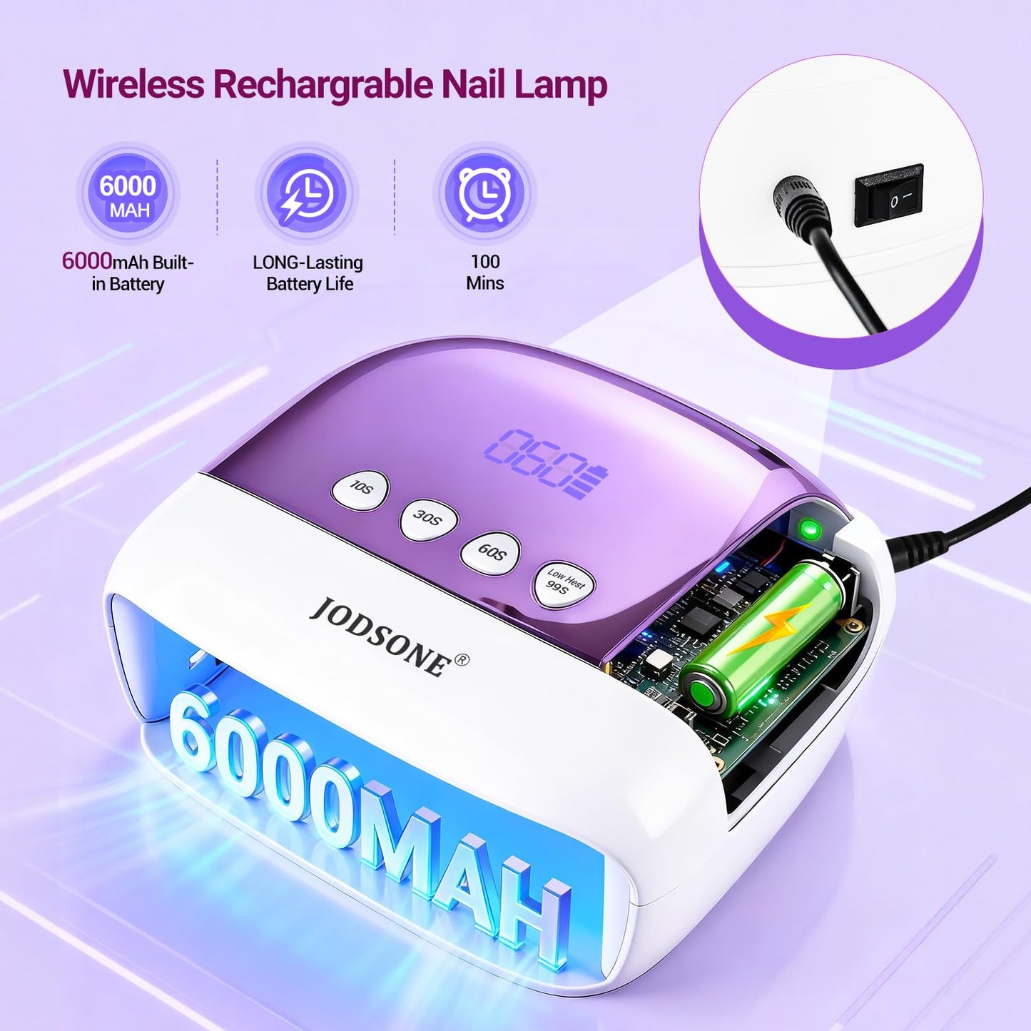 JODSONE Cordless LED Nail Lamp Rechargeable Portable with 4 Timers LCD Display Screen Nail Dryer Cure Light Suitable for Home and Salon﻿