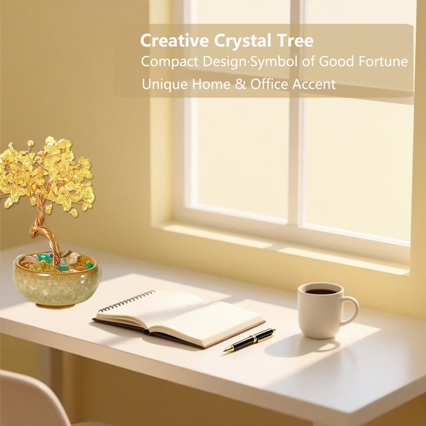 Citrine Crystal Tree Mini Money Tree for Wealth Home Office Desk Decor, Handmade Crystal Tree with Copper Wire, Ceramic Base, Business, Feng Shui Office Home Gift