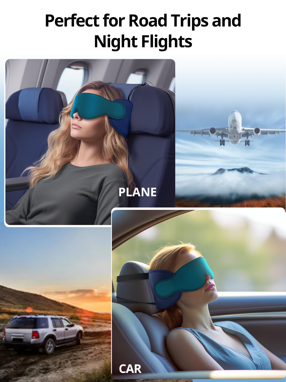 Inspireyes Travel Pillows for Airplanes, 360° Head Support for Long Flight, Soft Airplane Pillow with 3D Eye Mask for Sleeping, Stop Bobblehead, Airplane Headrest Gadgets, Lake Blue