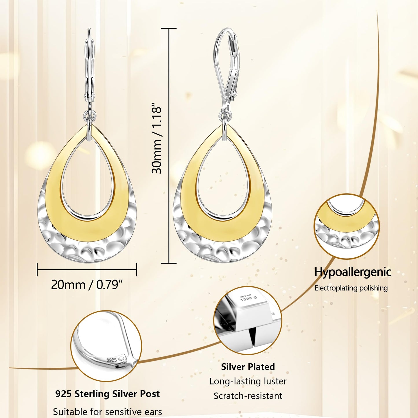 Sterling Silver Teardrop Dangle Earrings for Women Gold Plated Layer Leverback Hammered Dangle Earrings Jewelry Hypoallergenic Silver Waterdrop Leverback Dangle Earring for Gifts