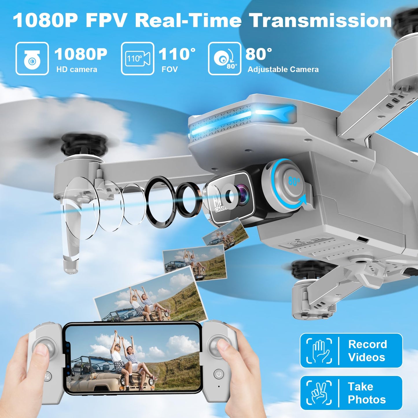 Drone with 1080P Camera - Foldable Remote Control Quadcopter with Gesture Control, 3D Flip, One Key Start, Emergency Stop, 2 Batteries, Easier to use, Toy for Adults Beginners, Grey