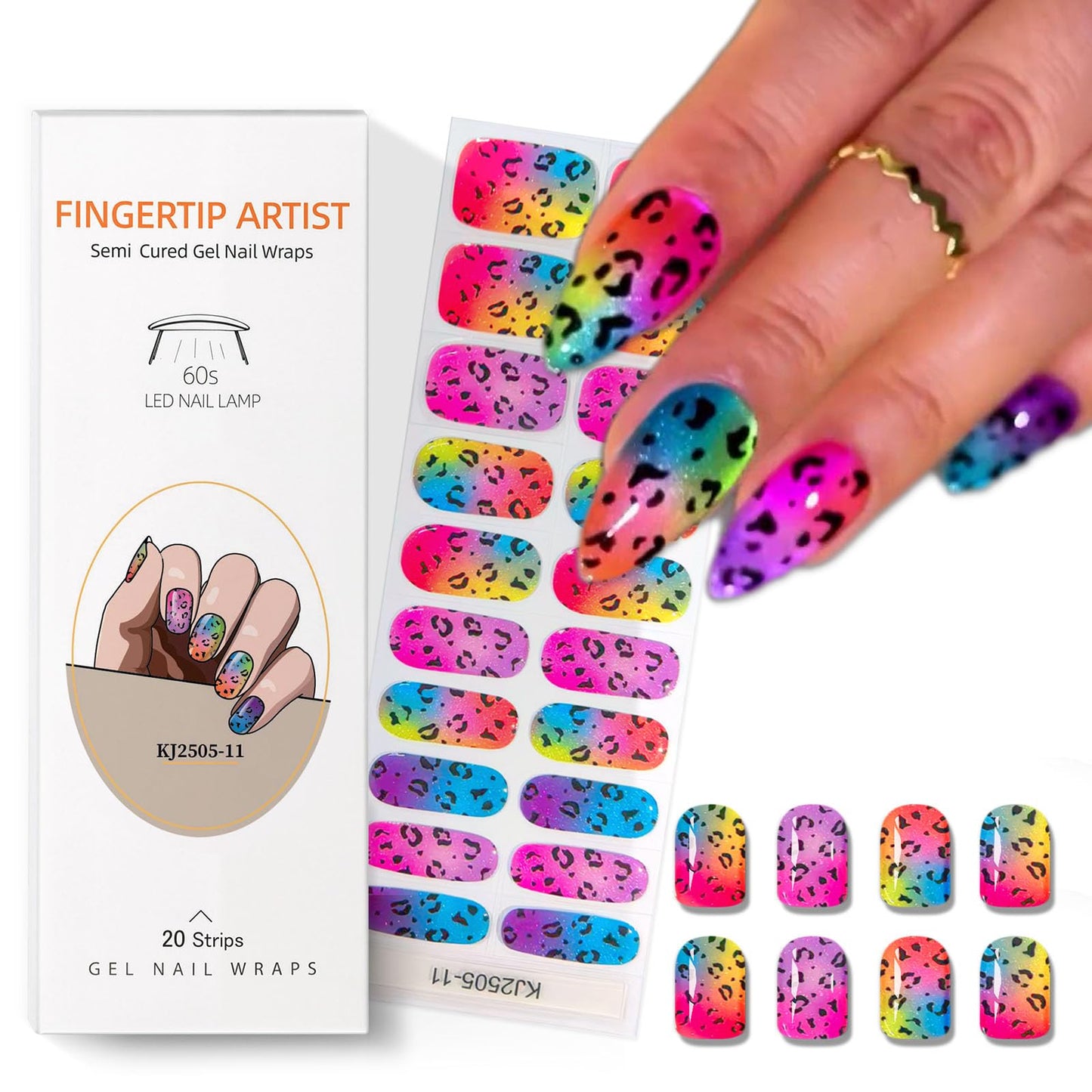 Semi Cured Gel Nail Strips with Gradient Leopard Gel nail stickers Colorful Glitter Nail strips Salon Quality & Easy to Use 20 Pcs for Women