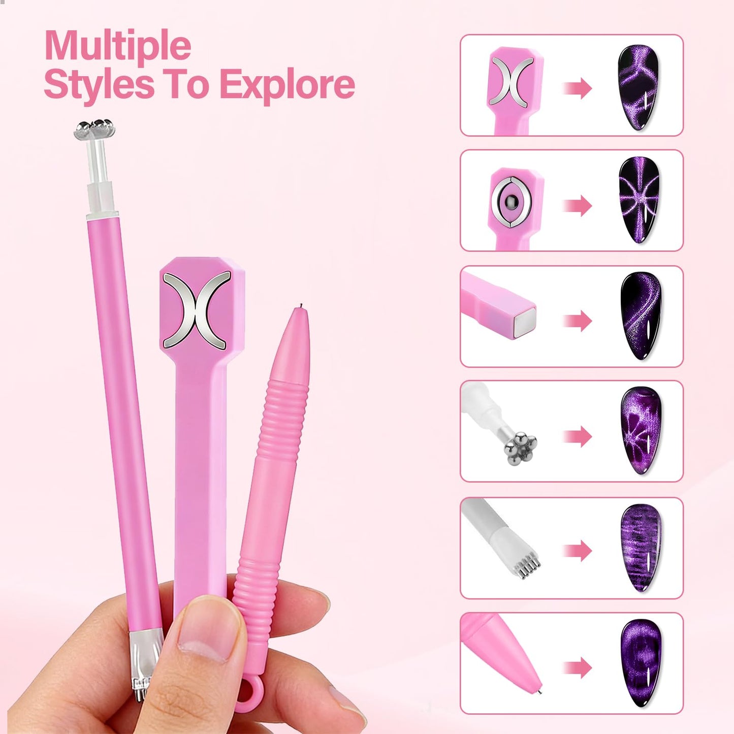 EBANKU Cateye Magnet Set for Nails, 5D Automatic U-Shaped Nail Art Magnet Tool with Ball Magnet, 3 IN 1 Magnets Pen Heart French Flower Black Hole Multi Effect Nail Art Designs Home DIY Salon Use