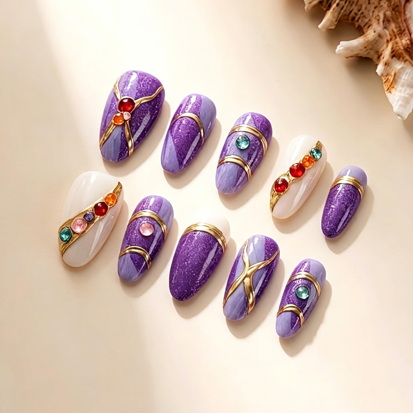 French Press on Nails Almond Handmade, Purple Glitter Metal Gemstone Luxury Romantic Date Style for Women 10 Pcs(Size M)