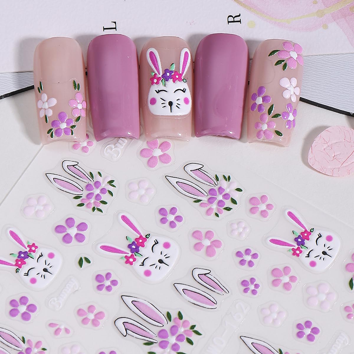 Easter Nail Stickers 6 Sheets - 5D Embossed Bunny, Eggs & Flowers Design, Self-Adhesive Nail Art Decals for Women DIY Manicure