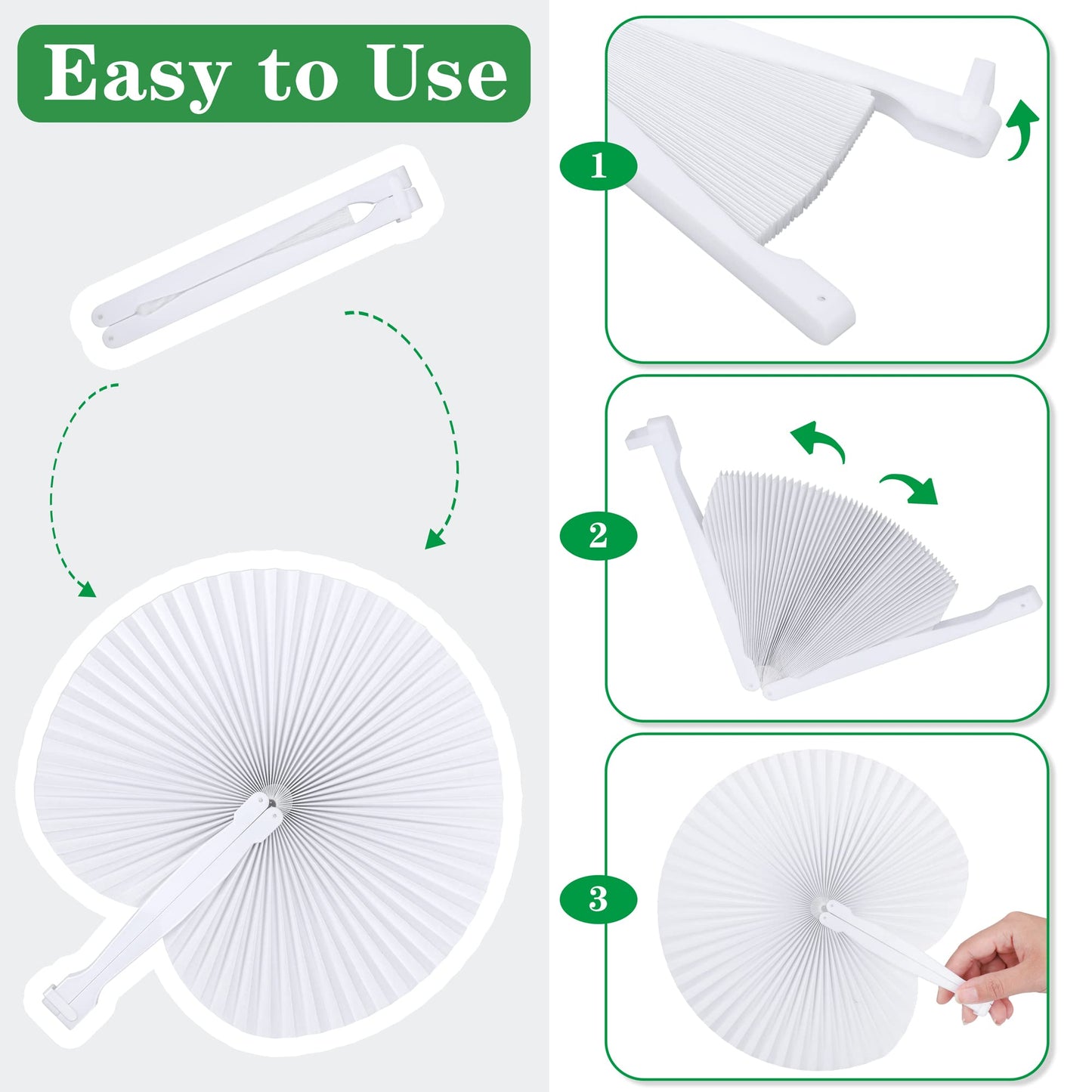 MCEAST 100 Pack Wedding Paper Fans Handheld Folding Fan White Round Shaped Folding Paper Fans Handheld Fan with Plastic Handle and Bags for Wedding Birthday Party Favors Supplies Home Decor