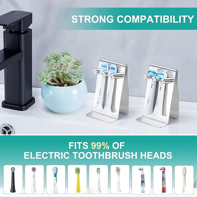 Electric Toothbrush Head Holder, Self Adhesive or Desktop Tooth Brushing Holder, Wall Mounted Toothbrush Holders Shower Bathroom, Tooth Brush Holder Organiser (Silver, Small)