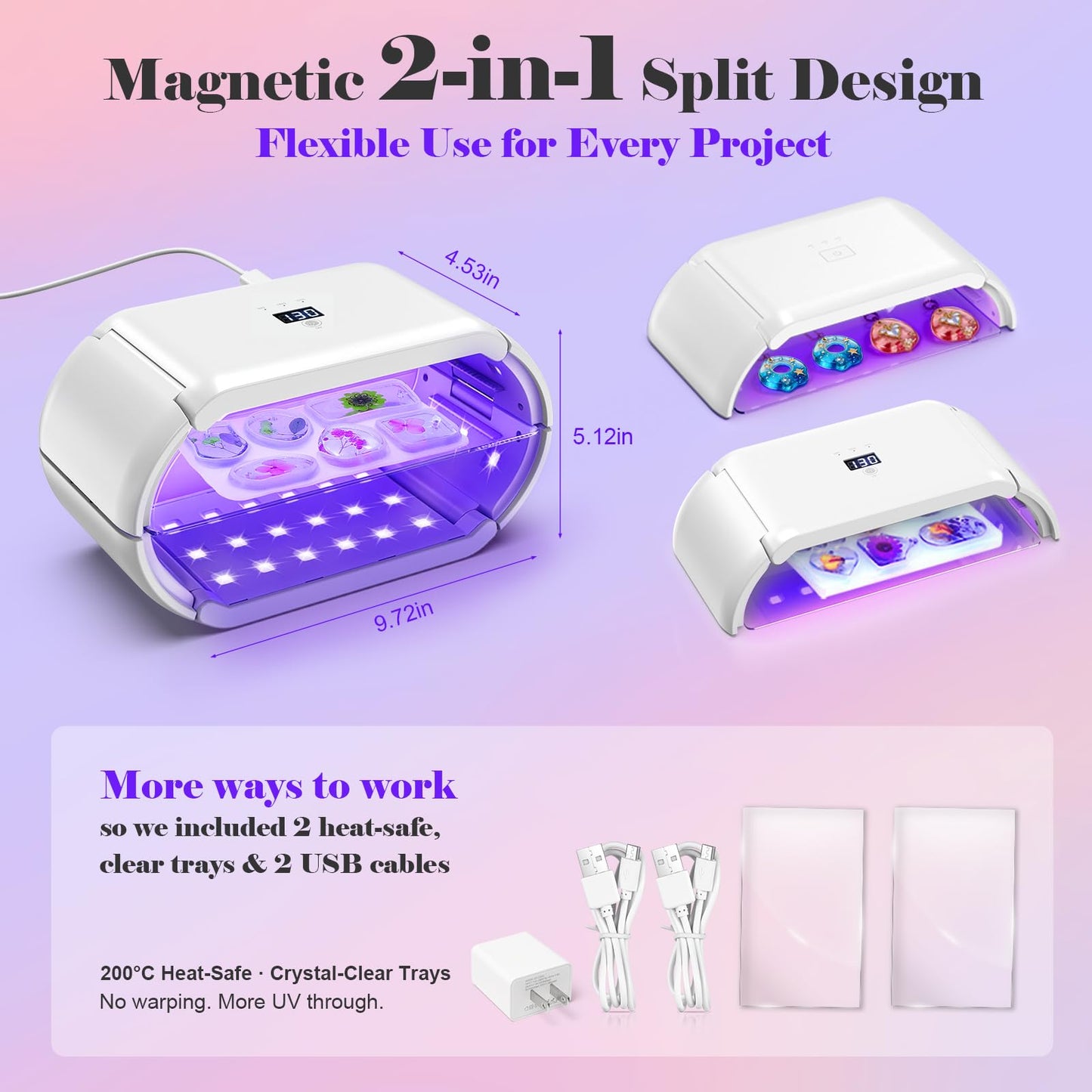 UV Light for Resin — 48 LEDs Double-Sided 360° Lamp, 365-405nm, 1-10min Timer, 2 Heat-Resist PCBs, 1 Adapter & 2 USB Cables, for Molds, Jewelry, Crafts & Batch Curing — for Beginners, DIYers & Pros