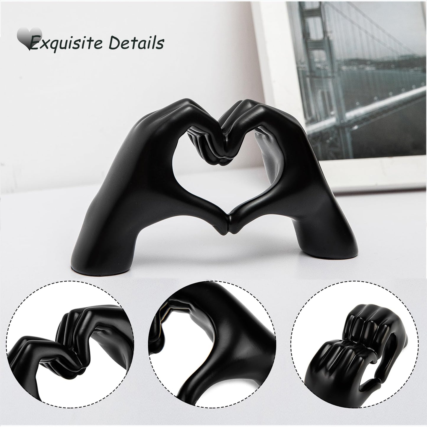 FANTESTICRYAN Small Heart Hands Statues Hand Love Sculpture Cute Decorative Home Decor Ornaments for Living Room, Wedding, Office Desktop, Cabinets, Bookshelf, Gift for Mom (Small Black)