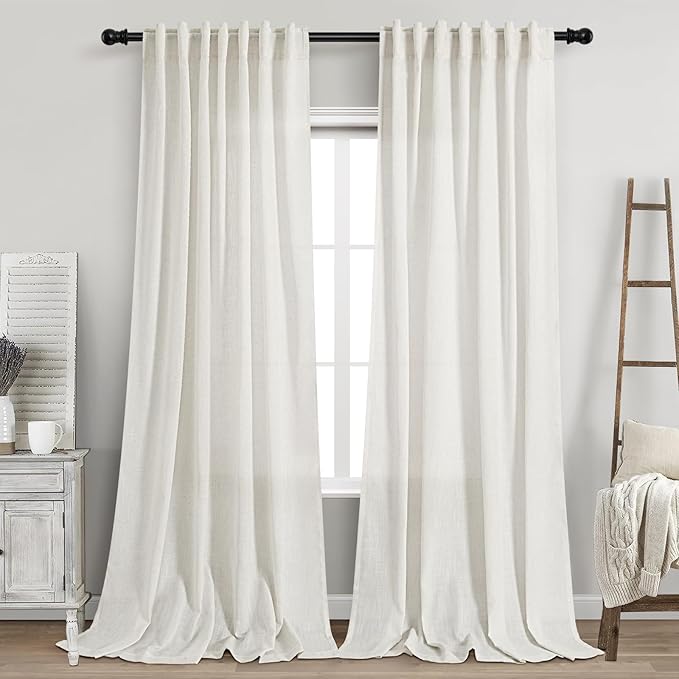 Nanspring Beige White Linen Curtains 96 Inches Long 2 Panels Set for Living Room Bedroom Back Tab Rod Pocket Semi Sheer Light Filtering Drape for Bedroom Home Decor Protect Privacy 52x96