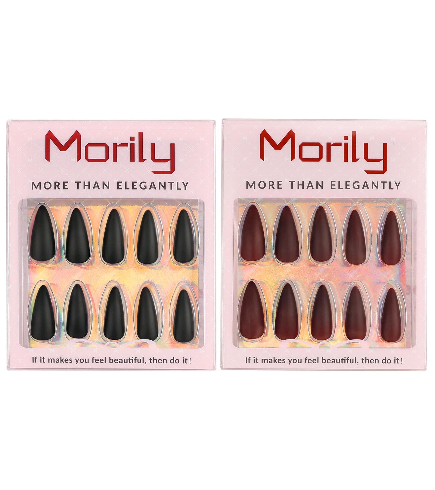 Morily Press-On Nails Bundle | Black Stiletto Matte & Wine Red Stiletto Matte | 24Pcs Each Set, Medium Length Long False Fake Nails