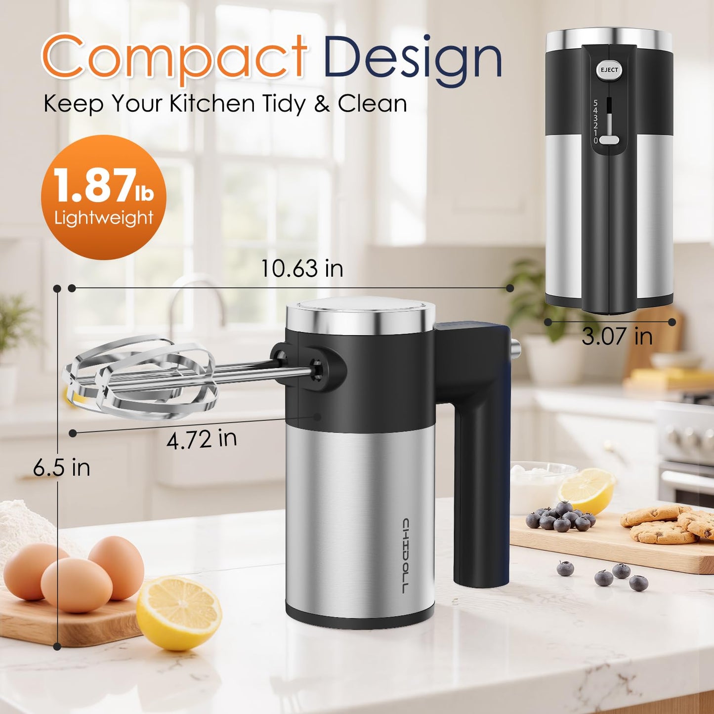 Powerful 600W Hand Mixer, 5-Speed Electric Hand Held Mixer for Baking, Lightweight Stainless Steel Hand Beaters *2 & Dough Hooks*2 with Eject Button, Kitchen Mixer for Cream, Cookies, Dough-Black
