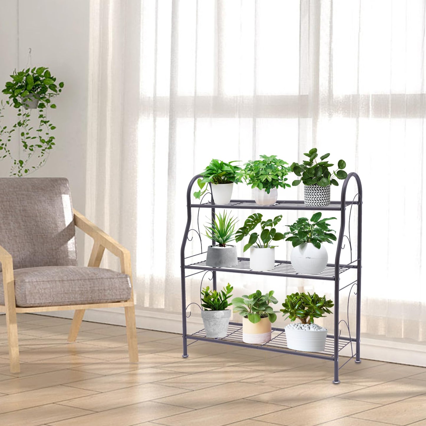 AngelcityCC 3 Tier Metal Plant Stand Scrollwork Design Indoor and Outdoor Flower Rack, Home Storage Organizer Shelf Black