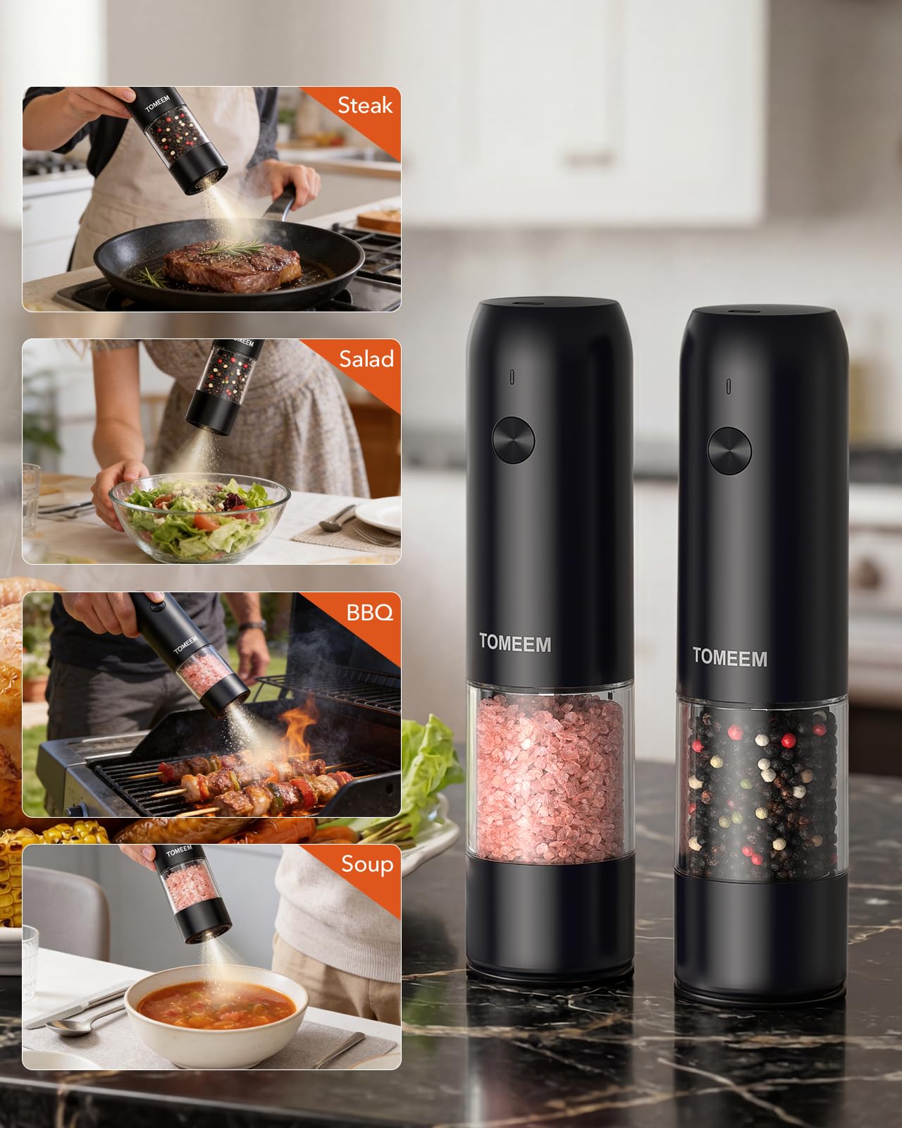 TOMEEM Electric Salt and Pepper Grinder Set with LED Lights，Rechargeable Automatic Pepper and Salt Mill with 6 Adjustable Coarseness, Dust Cover, One-Button Control for Cooking, Home Gifts