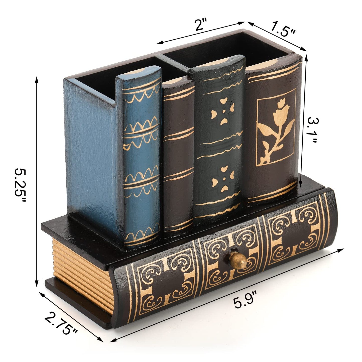Tosnail Decorative Pen Holder with Storage Drawer, Wooden Pencil Holder Organizer, Antique Library Books Design Pen Cup Caddy, Desk Organizer for Office Supplies, Countertop, Desk, Table Accessory