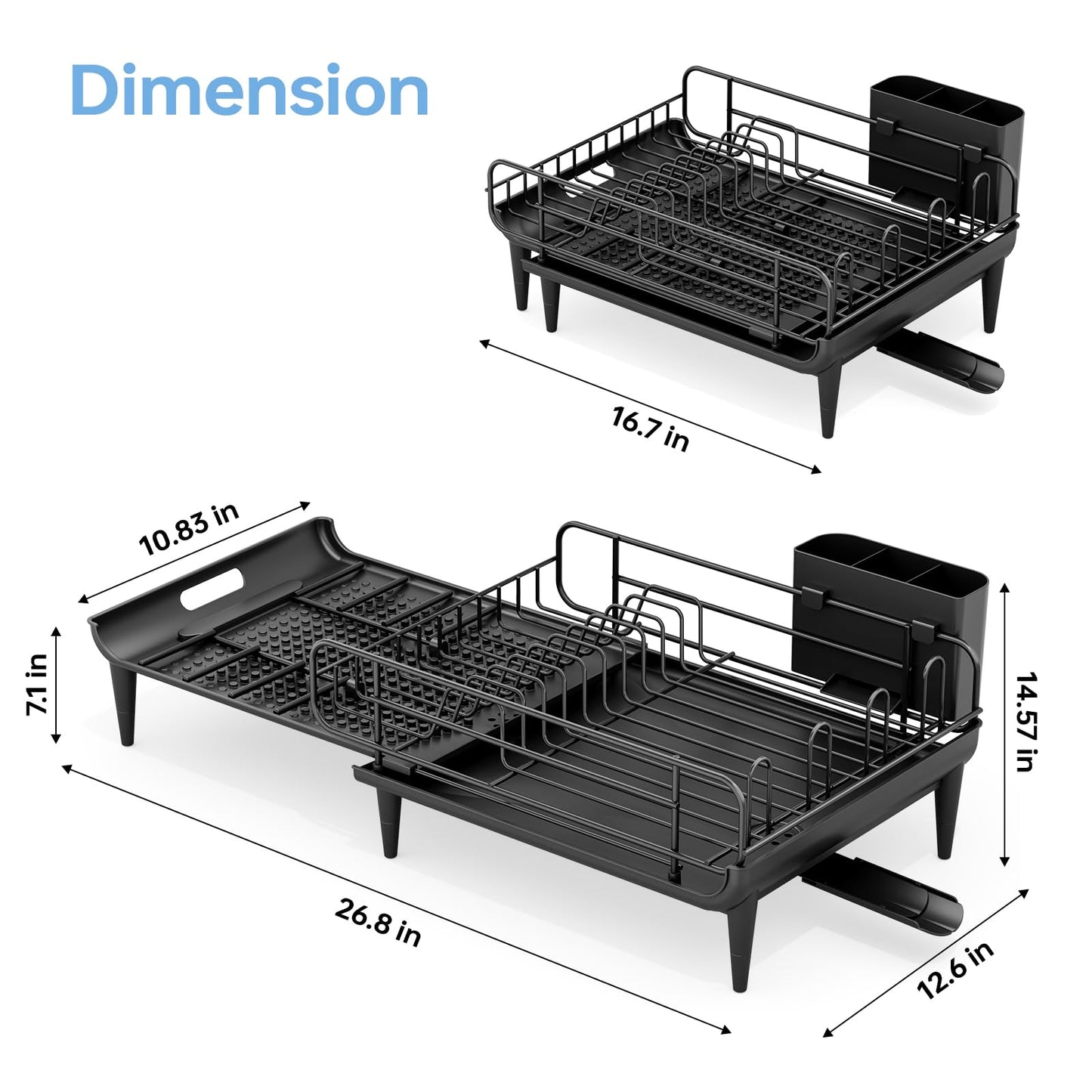 TOOLF Large Dish Drying Rack, Expandable Dish Rack for Kitchen Counter, Multifunctional Dish Drainer, Organization and Storage Essentials with Cup & Cutlery Holders, 16.7"-26.8" L x 12.6" W, Black