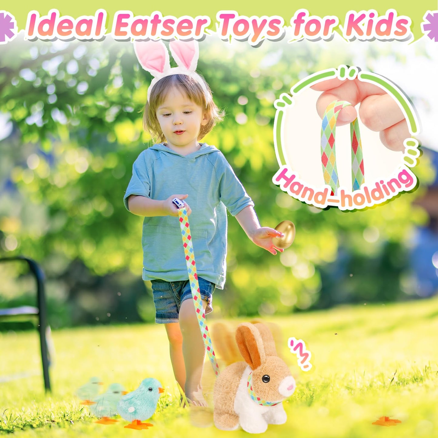 Tagitary Easter Plush Bunny Toys for Kids,Hopping Interactive Rabbit with Leash and Wind Up Toys,That Making Sounds,Wiggling Ears,Twitching Nose,Easter Basket Stuffers Gift for Toddlers