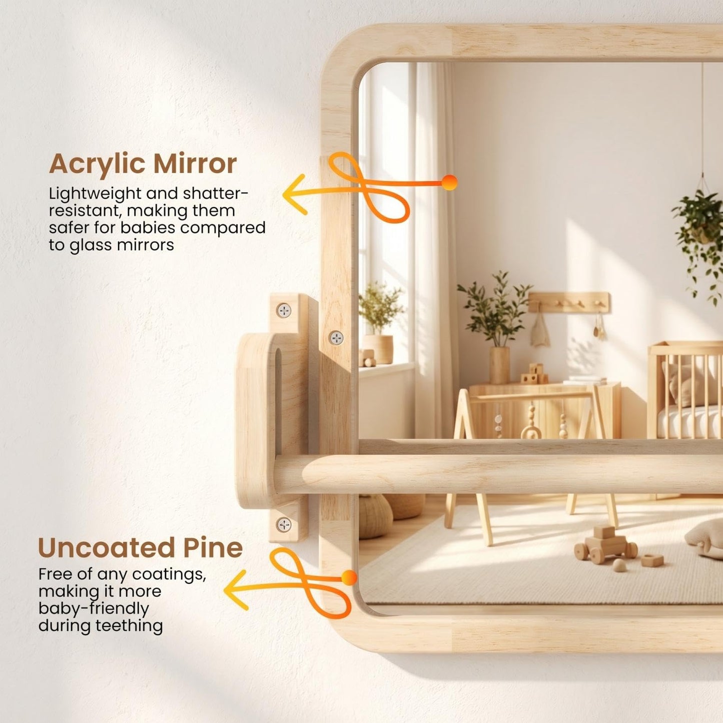 Woodtoe Montessori Mirror with Bar, Adjustable Baby Pull to Stand Toys, Natural Unpainted Solid Wood Frame & Baby Pull Up Bar, Infant Coordination Toddler Mirror, Developmental Toys for 6-18 Months