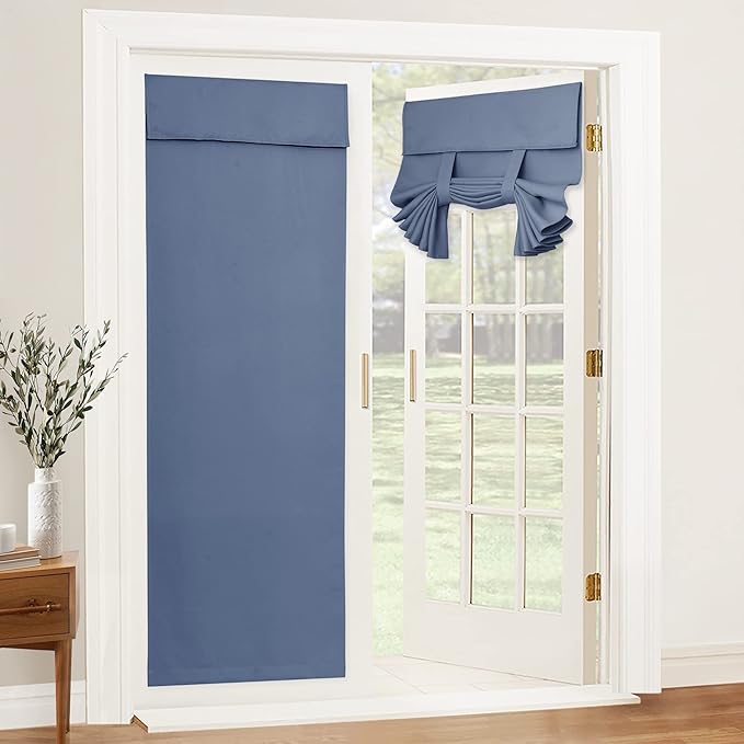 RYB HOME Privacy French Door Cover, Room Darkening Window Curtains for Tricia/Front/Patio French Door Tie up Shade for Sightseeing, W30 x L80 inch, 1 Panel, Stone Blue