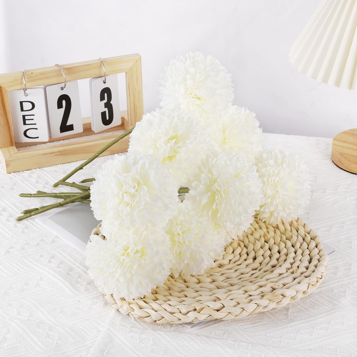 Rowfad 12 Pcs Artificial Chrysanthemums Flowers Silk Ball White Flowers Fake Mums Spring Flowers for Valentine‘s Day Wedding Home Decor (12, White)