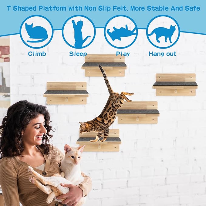 Lenwen 6 Set Cat Wall Shelves, Wood Cat Climbing Step, Wall Mounted,Classic