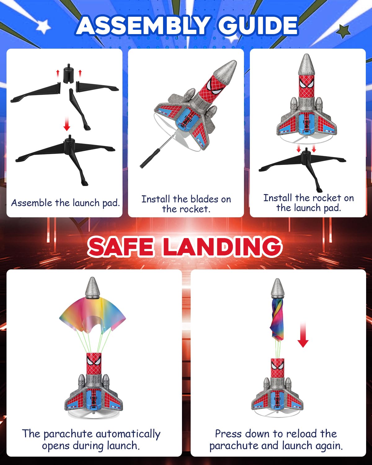 Fullware Rocket Launcher for Kids – 2nd Gen Upgraded Design, Electric Auto Launch, 200ft Flight with Safe Parachute, Outdoor Rocket Toy for Boys & Girls, Birthday Gift for Ages 6-13, Spider Pattern