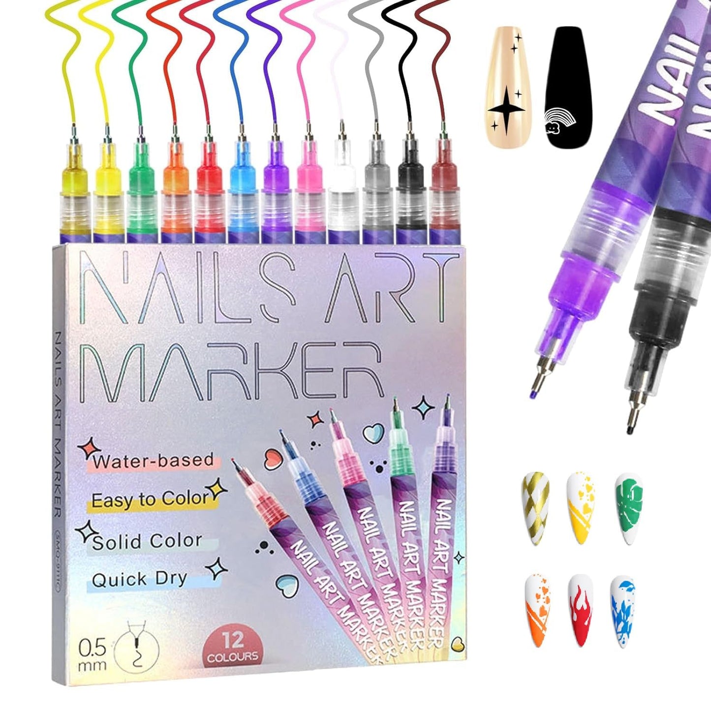 12 Waterproof Nail Art Pen set. Fast-Drying Non-Toxic 0.5mm Needle Tip Nail Polish Pens. Nail Paint Graffiti Dotting Pen for DIY Nail design