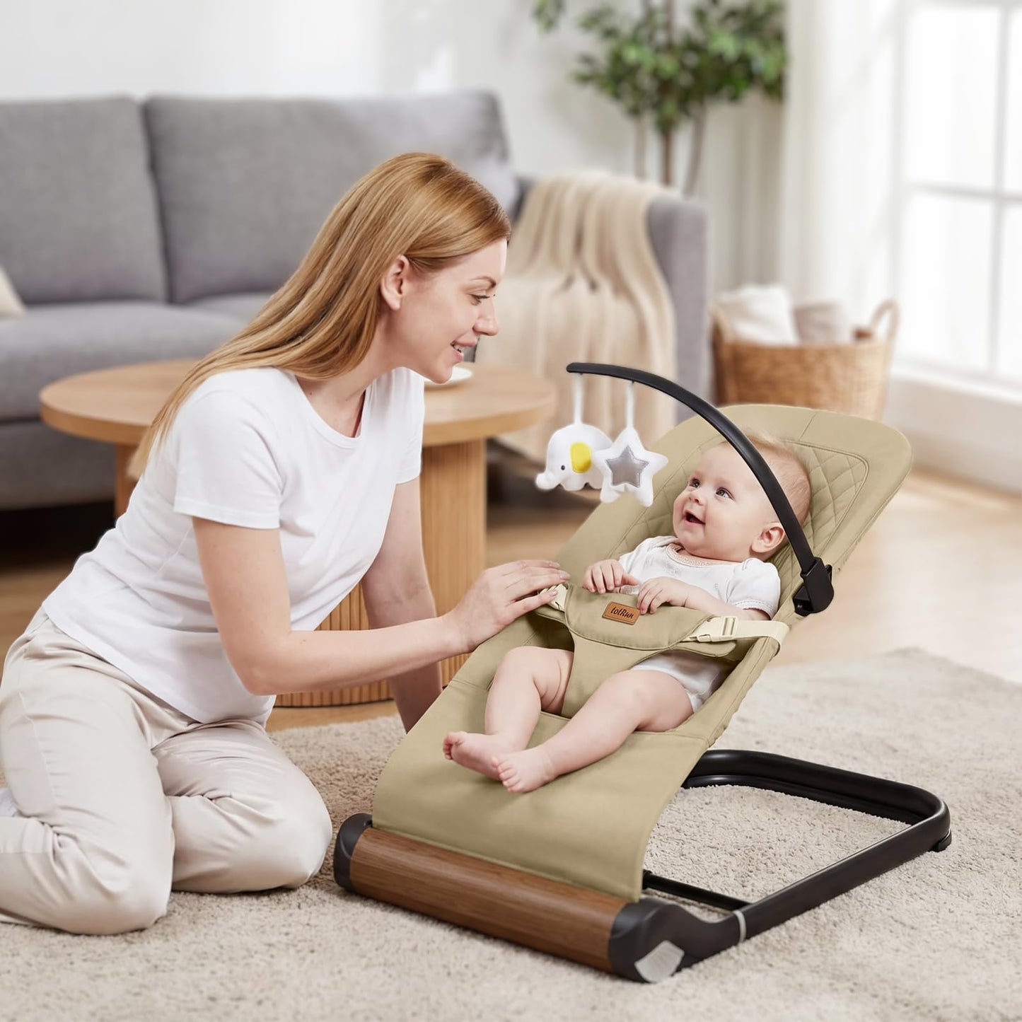 Foldable Baby Bouncer Seat - Portable Infant Bouncer with Adjustable Height, Khaki Polyester