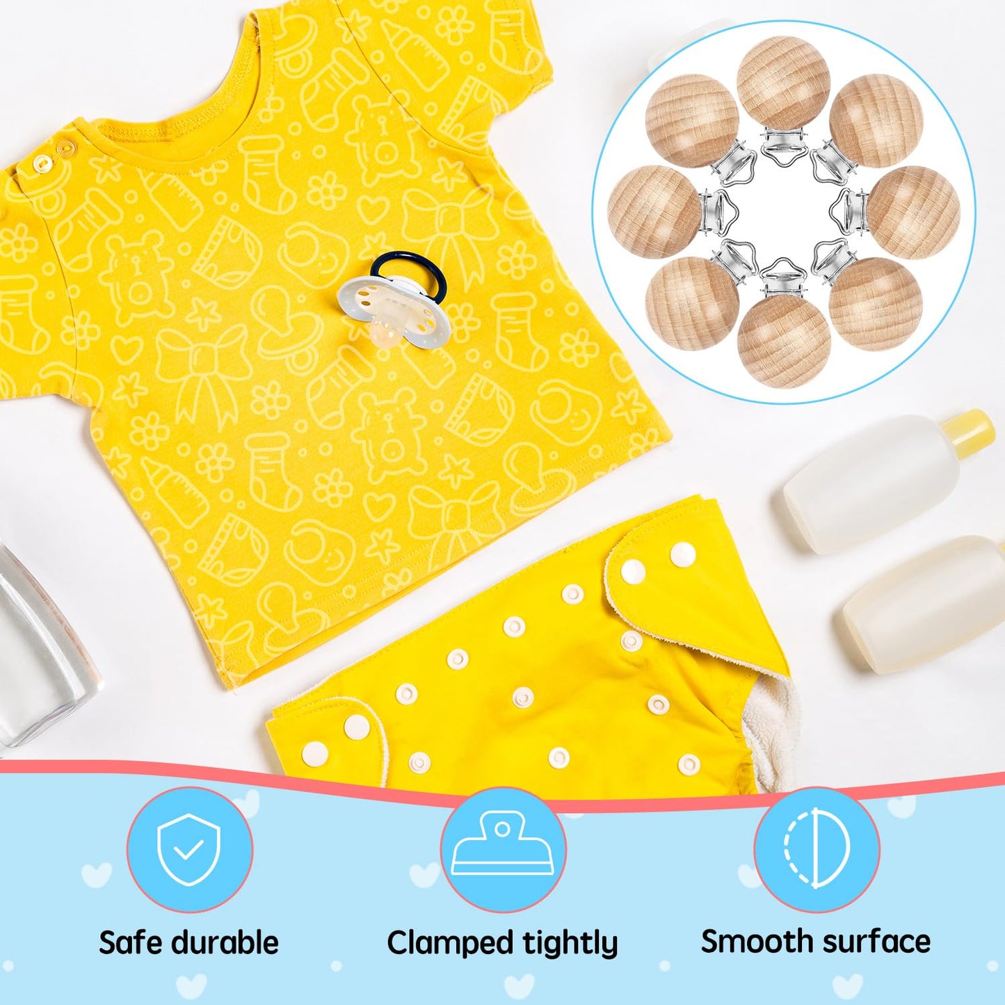 32 Pieces Natural Beech Wood Pacifier Clips Charm DIY Pacifier Holder Clips Teething Grasping Toy Suspender Clips for Pacifier Chain Accessory