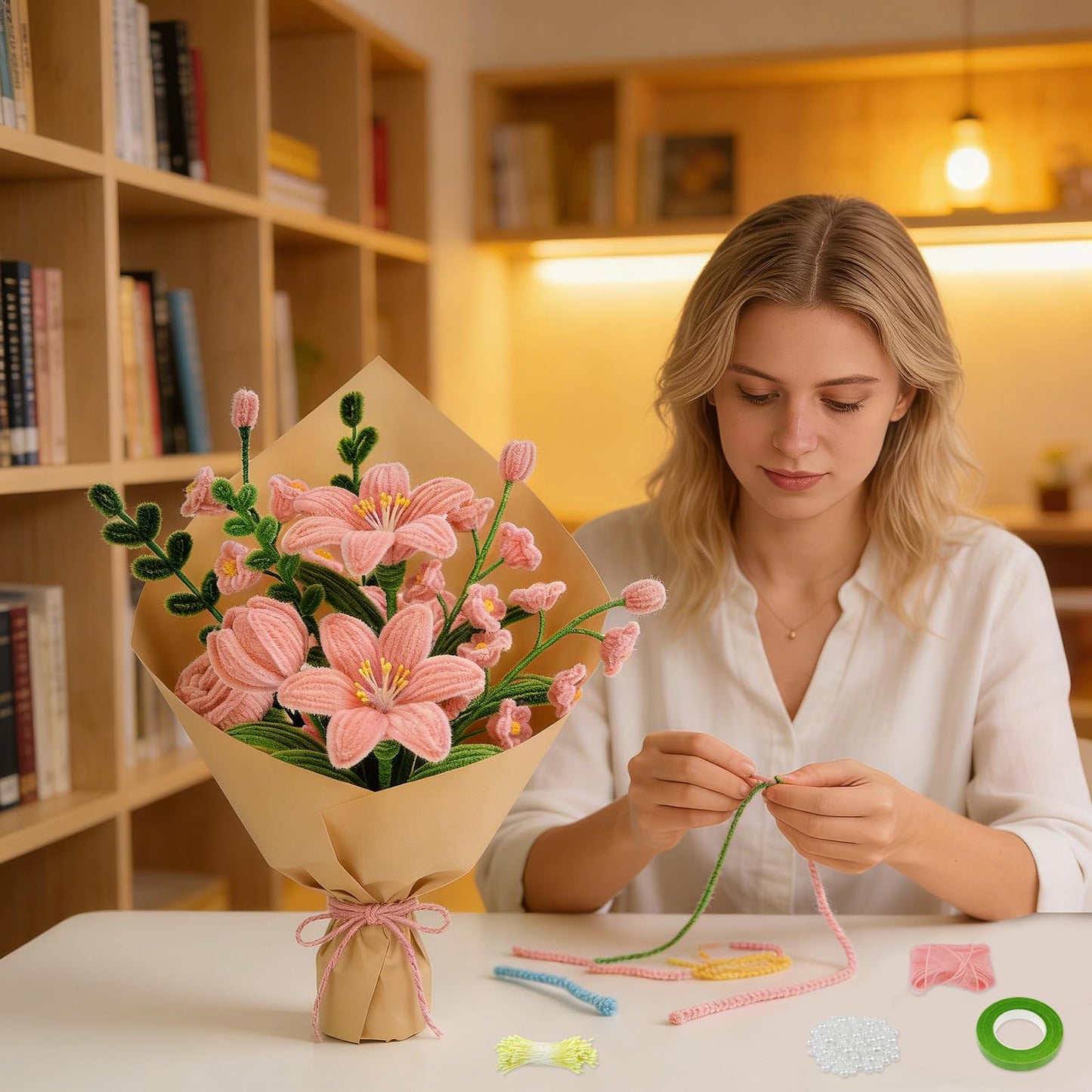 CHRORINE 320 Pcs Pipe Cleaners Bulk Pipe Cleaner Flower Kit Craft Supplies Soft and Flexible Creative Suitable for Art DIY Packaging and Decoration- Pink, Green