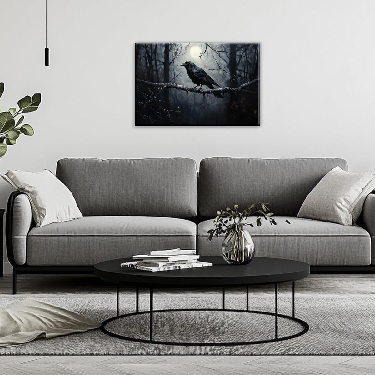 OAAPITI Crow Canvas Wall Art Black Crow Stand On The Branch Picture Print Moonlit Night Poster Vintage Forest Landscape Painting Artwork Living Room Halloween Decor(Artwork-1,24"x36")
