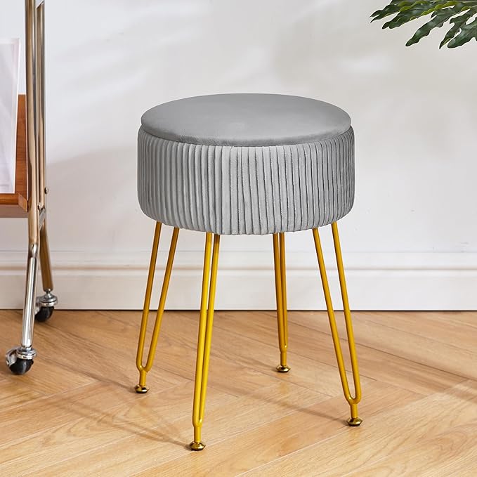 IBUYKE Velvet Storage Footrest Stool Ottoman, Makeup Vanity Stool Side Table with Golden Steel Legs Removable Cover, Coffee Table Top Cover, Grey LG-20G