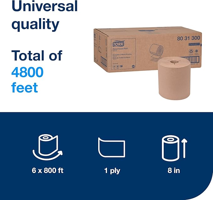 Tork Hand Towel Roll Natural H80, Universal, 100% Recycled Fiber, 6 Rolls x 800 ft, 8031300