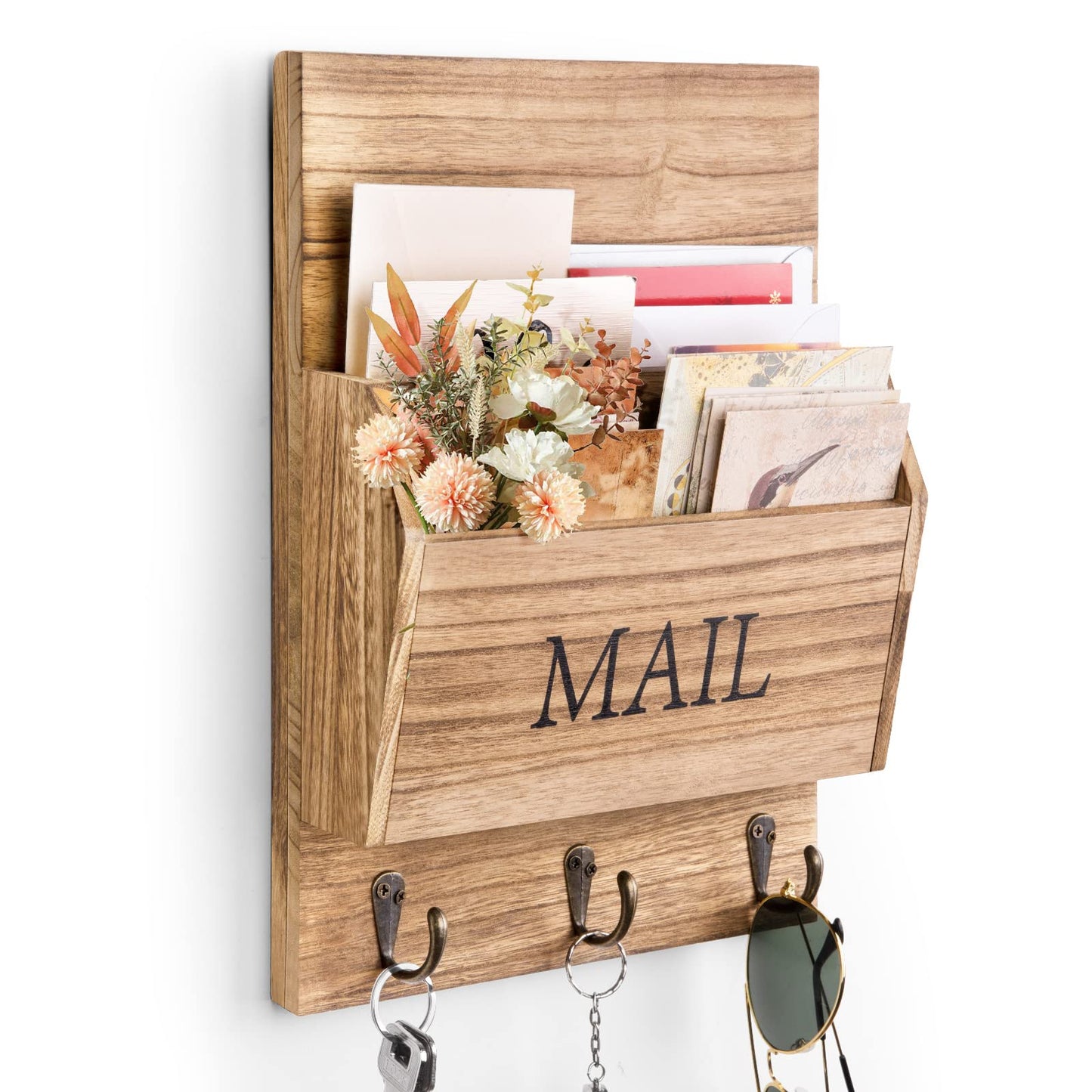 DLQuarts Mail Organizer with Key Holder for Wall Decorative Mail Sorter Wall Mounted, Wooden Mail Holder with 3 Hooks, Carbonized Brown