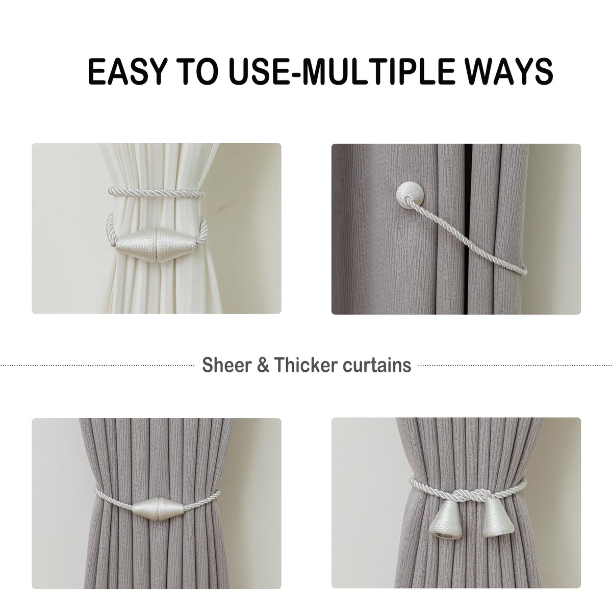 Magnetic Curtain Tiebacks 8 Pack Outdoor Rope Curtain Tie Backs Decorative Window Treatment Holdbacks for Home Decorative Curtain (8 Count)