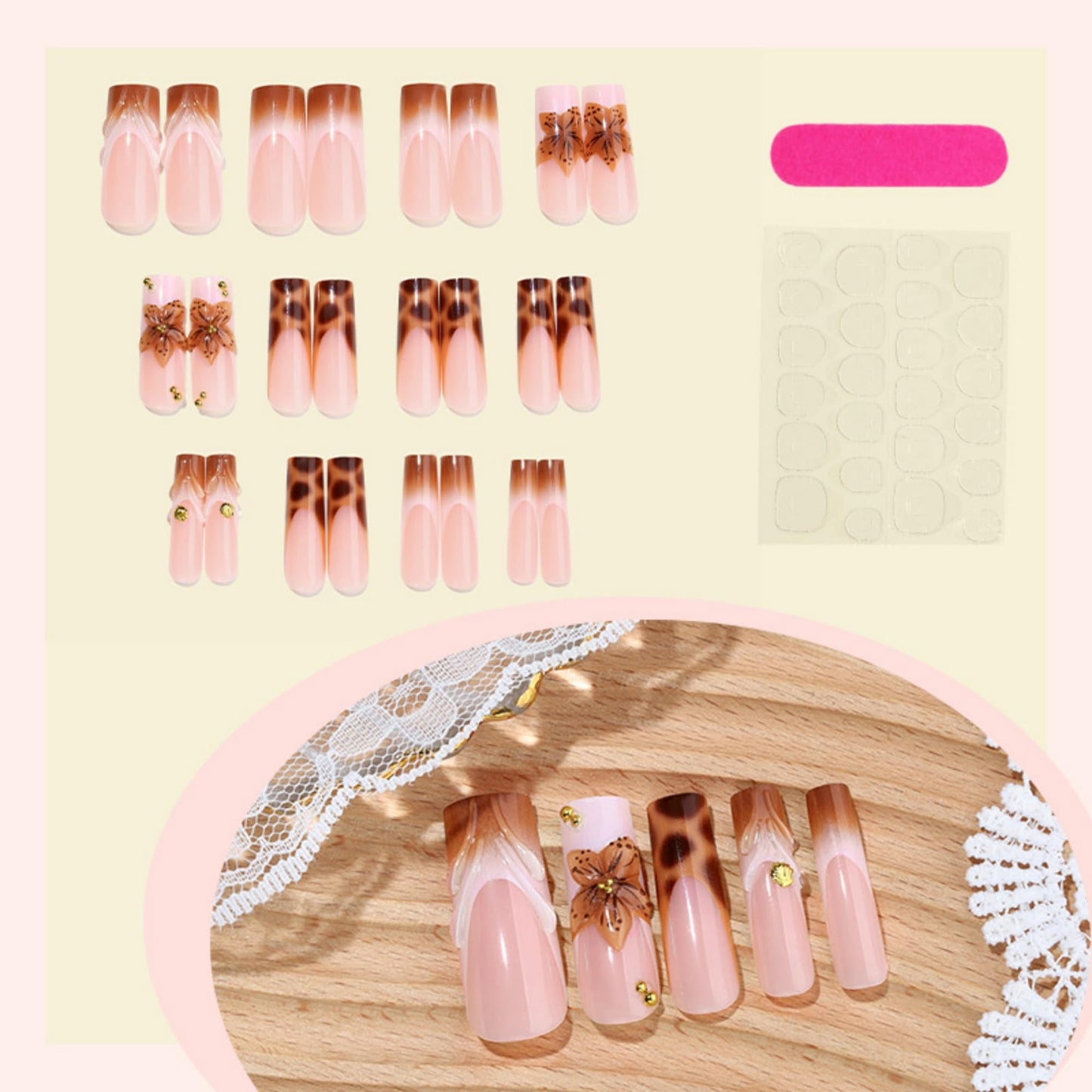Square Press on Nails Long Fake Nails Brown Artificial Nail Flowers and Leopard Designs Stick on Nail for Women 24pcs