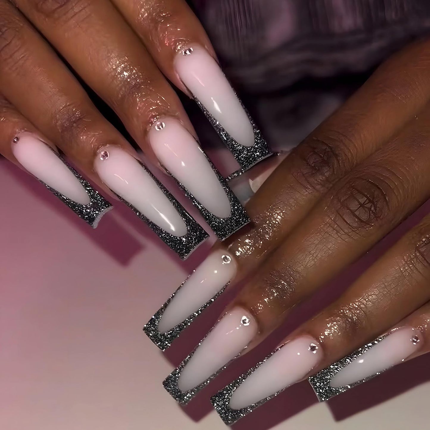 MISUD Press on Nails - Long Square Fake Nails with Black French Tip, Acrylic Bling Glitter Design 24 pcs