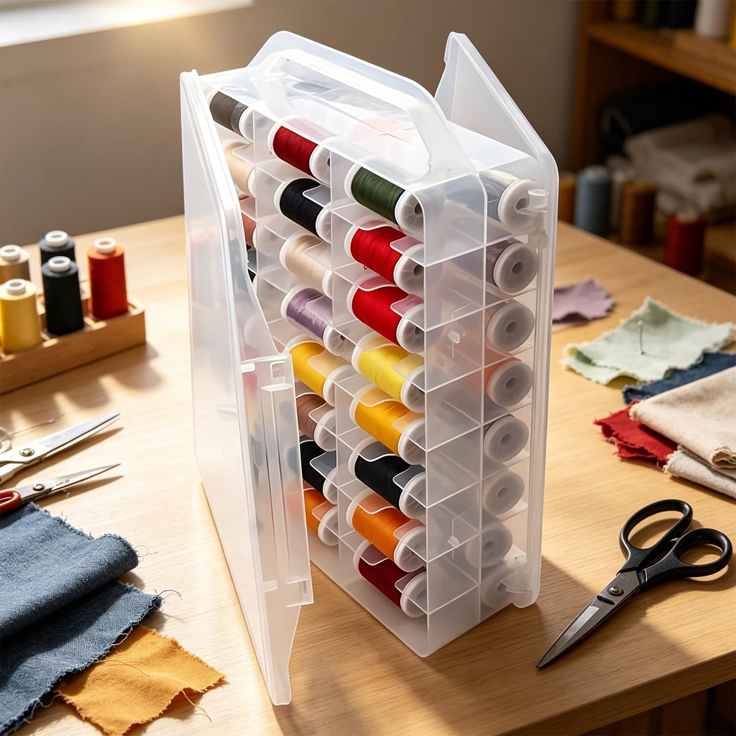 Chemlliy 46 Grids Sewing Organizer, Double Sided Thread Box Storage, Portable Clear Plastic Organizer Box for Embroidery and Sewing Threads, Embroidery Floss, Crafts, Small Toys (Clear)
